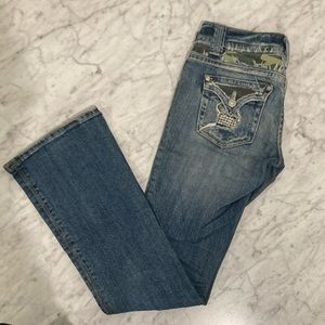 MISS ME Denim Boot Cut Jeans flap pockets Size 26 Camo Rhinestone detail